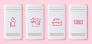 Temizlik malzemesi için şişe, sabun köpüklü leğen, fırça ve ısı temizleme tüpü, beyaz dikdörtgen düğmesi. Vektör