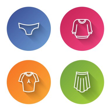 Çizgili erkek külotu, kazak, tişört ve etek. Renkli daire düğmesi. Vektör