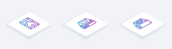 Set Isometric line Hard disk drive HDD, Optical disc and Computer cooler. White square button. Vector — Stock Vector
