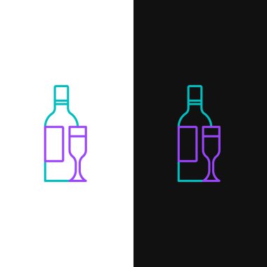 Beyaz ve siyah arka planda izole edilmiş cam ikonlu şampanya şişesi. Renkli taslak konsepti. Vektör