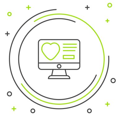 Satır Bulma uygulaması çevrimiçi bilgisayar konsepti simgesi beyaz arkaplanda izole edildi. Kadın erkek profili düz tasarım. Çift ilişki için eşleşiyor. Renkli taslak konsepti. Vektör