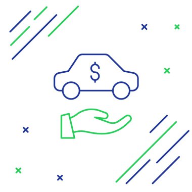 Çizgi Araba kiralama ikonu beyaz arka planda izole edildi. Araba tabelası kirala. Anahtarlı araba. Otomobil tamir servisi konsepti. Renkli taslak konsepti. Vektör