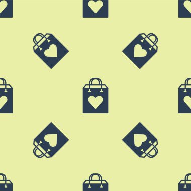 Sarı arka planda, kalp simgesinin izole edildiği mavi alışveriş torbası. Alışveriş torbası sevgisi kalp ikonu gibidir. Sevgililer Günü sembolü. Vektör