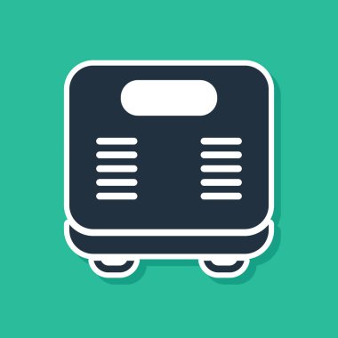 Mavi Banyo Ölçek simgesi yeşil arka planda izole edildi. Ağırlık ölçme ekipmanı. Ağırlık ölçeği spor konsepti. Vektör