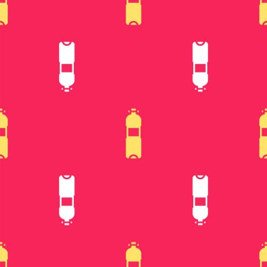 Sarı şişe ikonu, kırmızı arkaplanda izole edilmiş, pürüzsüz desen. Soda su içme tabelası. Vektör