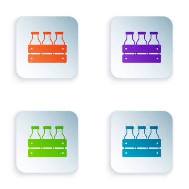 Beyaz arka planda izole edilmiş ahşap kutu simgesine doldurulmuş renkli süt. Kare düğmelere renkli simgeleri yerleştir. Vektör