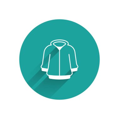 Beyaz kapüşonlu simge uzun gölge arkaplanlı. Kapüşonlu kazak. Yeşil daire düğmesi. Vektör