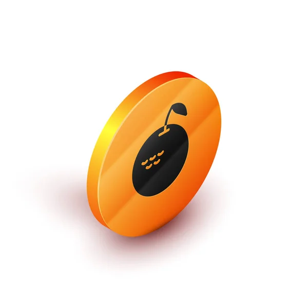 Ícone isométrico da Apple isolado no fundo branco. Fruta com símbolo de folha. Botão laranja círculo. Vetor — Vetor de Stock