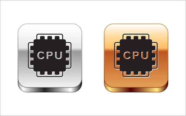 Prosesor komputer hitam dengan ikon CPU mikrosirkuit diisolasi pada latar belakang putih. Chip atau cpu dengan papan sirkuit. Prosesor mikro. Tombol perak dan emas persegi. Vektor - Stok Vektor