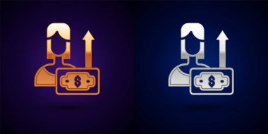 Altın ve gümüş para büyüyen kadın simgesi siyah arka planda izole edildi. Gelir kavramı. İş büyümesi. Yatırım, tasarruf ve para yönetimi. Vektör