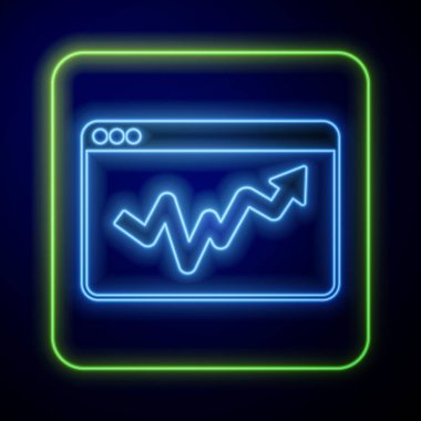 Parlayan neon grafiği, çizelge, grafik, diyagram, bilgi, turta grafik simgesi mavi arkaplanda izole edildi. Vektör