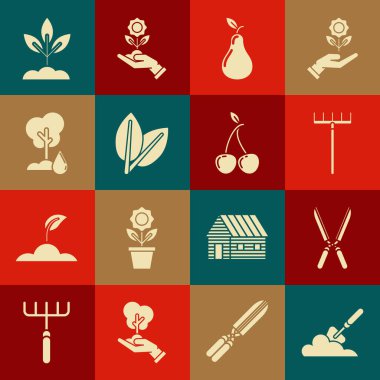 Bahçe küreğini, küreği, bahçe makasını, tırmığı, armudu, yaprakları, sulama ağacını, bitki ve kiraz ikonunu budamak için kullanın. Vektör