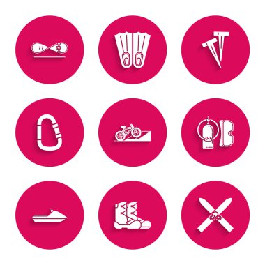 Bisikleti sokak rampasına, botlara, kayak ve sopalara, dalış maskesi aqualung 'a, jet ski' ye, Carabiner 'a, çadırlara ve kaykay numaralarına ayarlayın. Vektör