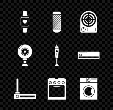 Kalp atışlarını, ses hızını, elektrikli ısıtıcı, router ve wi-fi sinyalini, fırını, çamaşır makinesini, web kamerasını ve Blender simgesini gösteren Smart saatini ayarlayın. Vektör