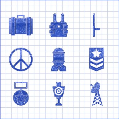 Havacılık bombası, atış için insan hedef sporu, Radar, Chevron, Askeri ödül madalyası, Barış, Polis lastik copu ve cephane kutusu ikonu. Vektör