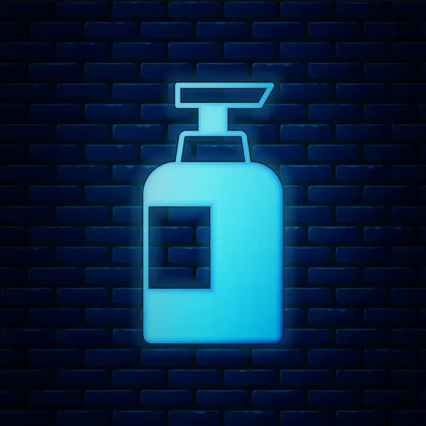 Glowing neon Bottle of shampoo icon isolated on brick wall background. Vector — Stock Vector