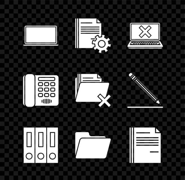 Set Laptop, Document set with gear, and cross mark on screen, Office folders papers documents, File, Telephone, Delete icon. Vector — 스톡 벡터