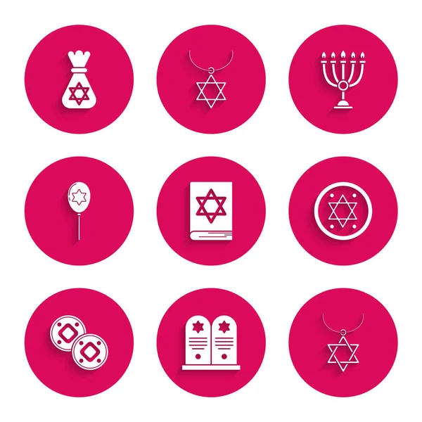 Set Jewish torah book, Tombstone with star of david, Star David necklace chain, coin, Balloons ribbon, Hanukkah menorah and money bag icon. Vector — Stock Vector