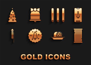 Çikolatalı kurabiye ya da bisküvi, Noel dilek listesi şablonu, badem ezmeli kek, Havai fişek roketi, üç rulo tarçın çubuğu, ağaç süslemeleri ve Mutlu zil ikonu. Vektör