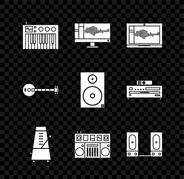 Müzik sentezleyiciyi, ses veya ses kayıt cihazını monitörde, dizüstü bilgisayarda, sarkacıyla Metronom 'u hareket halinde, DJ' i müzik çalmak ve karıştırmak için, Stereo hoparlörünü, Banjo 'yu ve simgeyi ayarlayın. Vektör