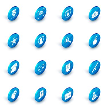 Parmak izi, kravat, polis şapkası, papağan, Hexagram şerifi, Envelope, Kullanıcı koruması, patlamaya hazır bomba ve arama ikonu için büyüteç. Vektör