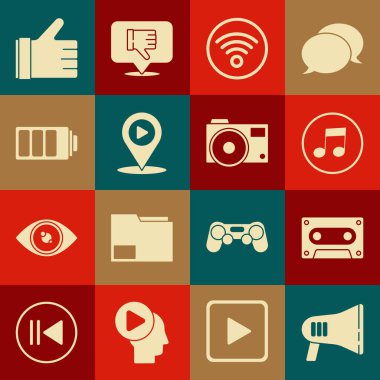 Megaphone, Retro ses kaseti, müzik notası, ton, kablosuz internet ağı, konumlu dijital medya oyunu, pil şarj seviyesi göstergesi, Hand like ve Photo kamera simgesi ayarla. Vektör