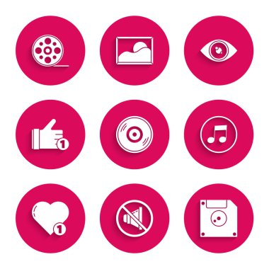 Vinil diski ayarla, hoparlörü kapat, bilgisayar veri depolama için disket, müzik notası, ton, Like and heart, Hand like, Eye and Film reel ikonu. Vektör