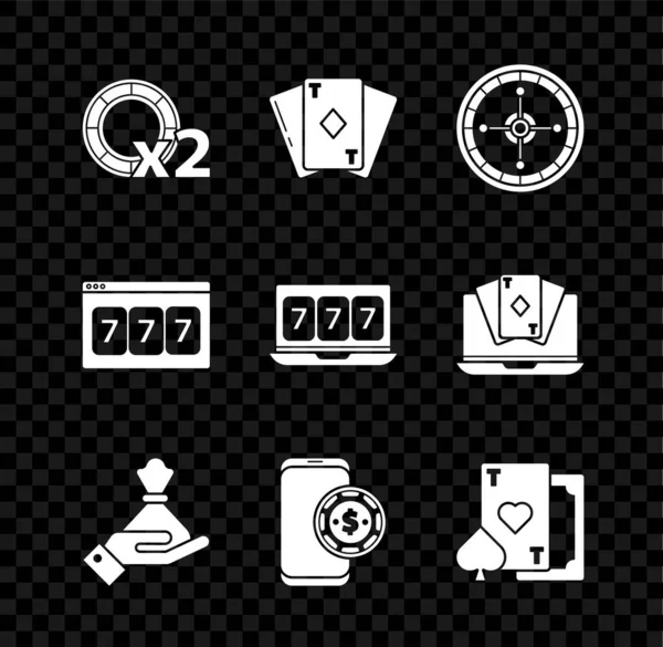 Set Casino chips, Playing card with diamonds, roulette wheel, Hand holding money bag, Online poker table game, heart, slot machine lucky sevens jackpot and icon. Vector — Stock Vector