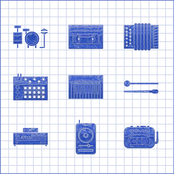 Set sintetizzatore musicale, suonatore, nastro, bacchette, CD, macchina, strumento musicale fisarmonica e icona della batteria. Vettore — Vettoriale Stock