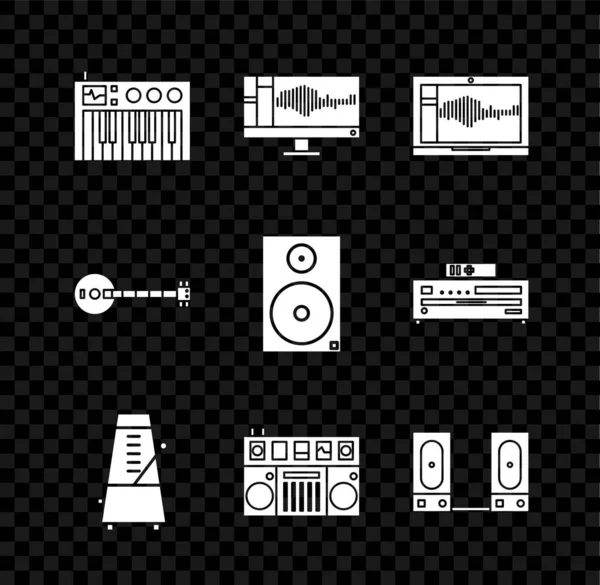 Set Musik-Synthesizer, Ton-oder Audio-Recorder auf Monitor, Laptop, Metronom mit Pendel in Bewegung, DJ-Fernbedienung zum Abspielen und Mischen von Musik, Stereo-Lautsprecher, Banjo und Symbol. Vektor — Stockvektor