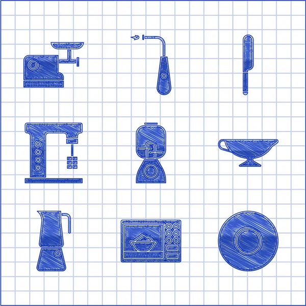Turmixgép, mikrohullámú sütő, tányér, szószos csónak, Moka edény, Elektromos keverő, Kés és Konyha húsdaráló ikon. Vektor — Stock Vector