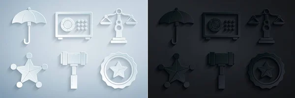 Set Juge marteau, Échelles de justice, Hexagram shérif, badge de police, coffre-fort et icône parapluie. Vecteur — Image vectorielle