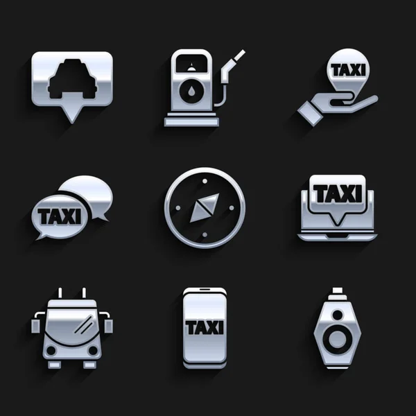 Beállítás iránytű, Taxi hívás telefon szolgáltatás, Autókulcs távirányítóval, Laptop taxi, Trolibusz, Kéz térkép mutató és térkép ikon. Vektor — Stock Vector