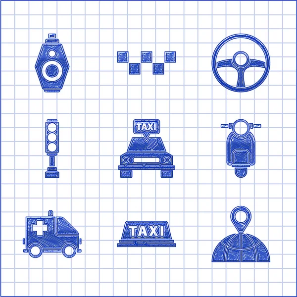 Set Taxi auto, tetto, Posizione sul globo, Scooter, Ambulanza e emergenza, Semaforo, Volante e chiave auto con icona remota. Vettore — Vettoriale Stock