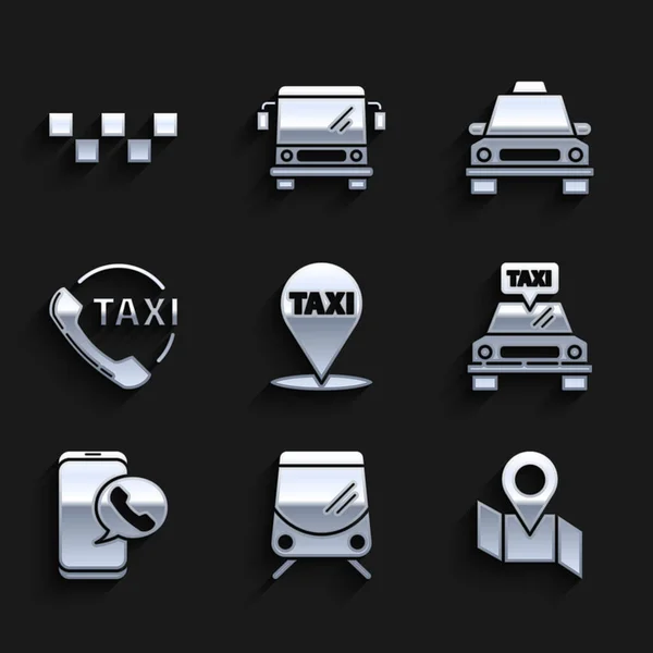 Set Kartenzeiger mit Taxi, Tram und Bahn, gefalteter Kartenortungsmarkierung, Taxiauto, Anruftelefon und Dachsymbol. Vektor — Stockvektor
