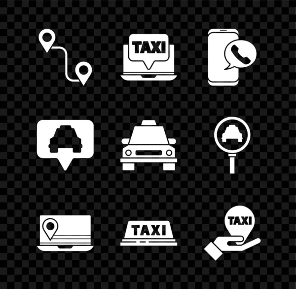 Set Route location, Laptop call taxi service, Taxi telephone, with marker, car roof, Hand map pointer, Map and icon. Vector — Stock Vector