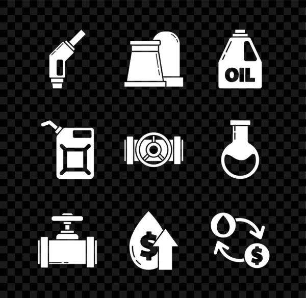 Set Buse de pompe à essence, récipient pour huile de machine à moteur, soupape de tuyaux métalliques de l'industrie, augmentation de prix, échange, transfert d'eau, convertir, essence et icône. Vecteur — Image vectorielle