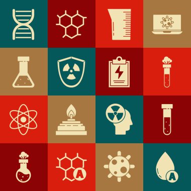 Su damlası, test tüpü ve matara kimyasalı, laboratuvar cam süsü ya da deney tüpü, kalkanda radyoaktif, DNA sembolü ve listedeki simgeyi ayarla. Vektör