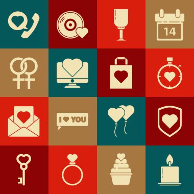 Yanan mumu, kalkanlı kalbi, merkezi kronometreyi, şarap kadehini, bilgisayar monitörü kalbini, kadın cinsiyet sembolünü, telefon konuşma balonunu ve alışveriş poşeti ikonunu ayarla. Vektör