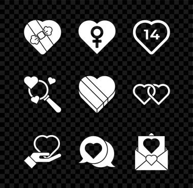 Candy 'yi kalp şeklinde bir kutuya, elinde kadın cinsiyeti olan bir kalbe, konuşma baloncuğuna, Zarf Sevgililer Günü' ne, aşkı ve ikonu aramaya ayarla. Vektör