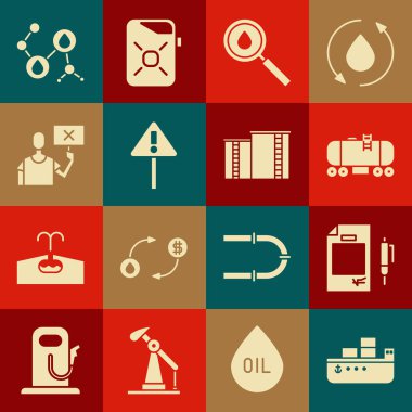 Petrol tankeri gemisi, kontrat parası ve kalemi demiryolu sarnıcı, düşüş, üçgende ünlem işareti, doğa koruma protestosu, molekül yağı ve sanayi fabrikası ikonu. Vektör