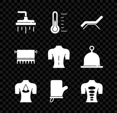 Duş başlığı, Sauna termometresi, güneşlik ve şemsiye aroma yağlı masaj, eldiven, taş terapisi, havlu askısı ve ikon. Vektör