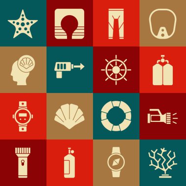 Coral, Flashlight, Aqualung, Dalış giysisi, Balıkçılık zıpkını, Deniz Kabuğu, Denizyıldızı ve Gemi Direksiyon ikonu. Vektör