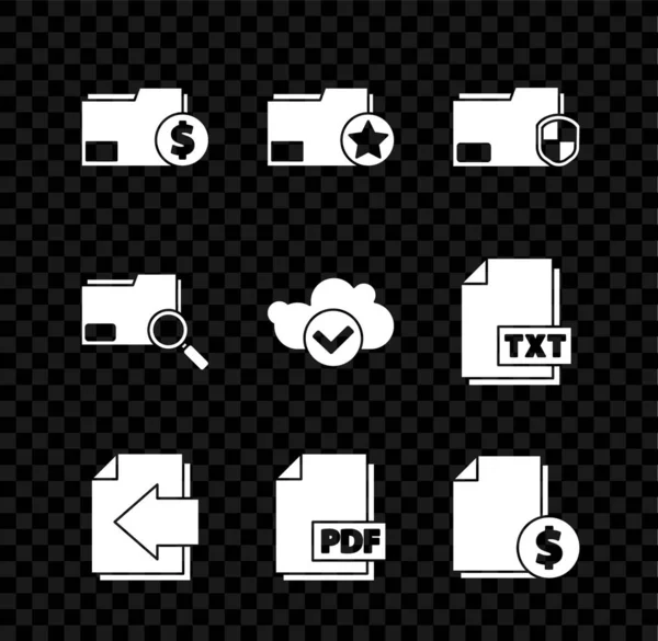 Définir le dossier du document Finance, Document avec étoile, protection, flèche de la page suivante, fichier PDF, Concept de recherche et icône de coche Cloud. Vecteur — Image vectorielle