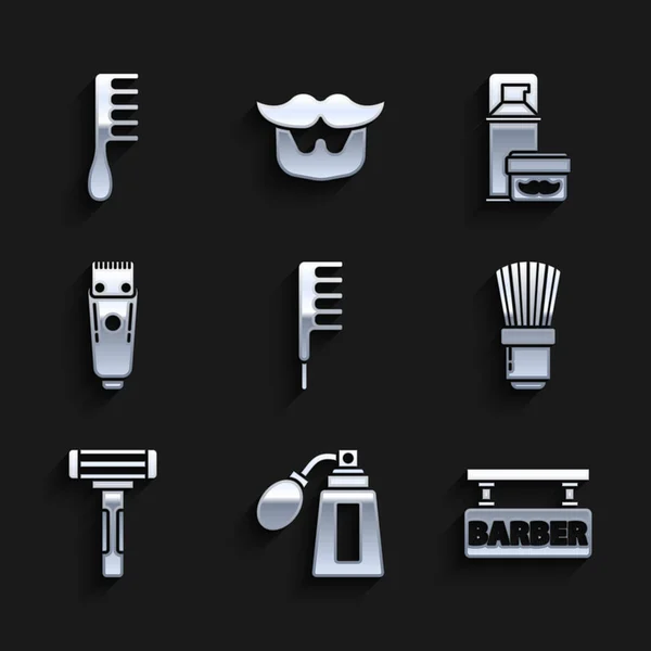 Set Haarbürste, Aftershave-Flasche mit Zerstäuber, Barbershop, Rasieren, Rasierer, elektrische Haarschneidemaschine, Gel-Schaum und Symbol. Vektor — Stockvektor