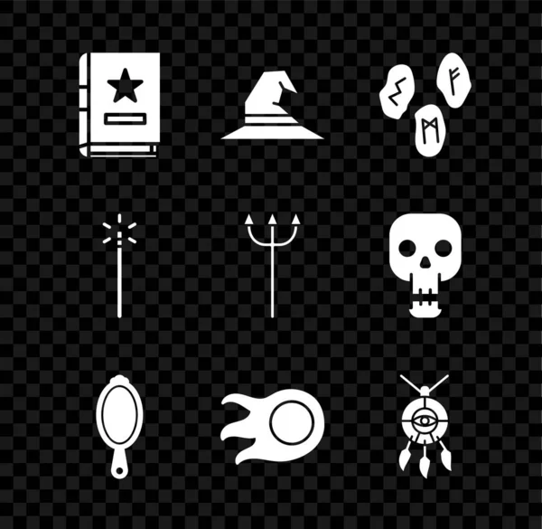 Set Ancient magic book, Witch hat, Magic runes, hand mirror, Fireball, Dream catcher with feathers, wand and and Neptune Trident icon. Вектор — стоковый вектор