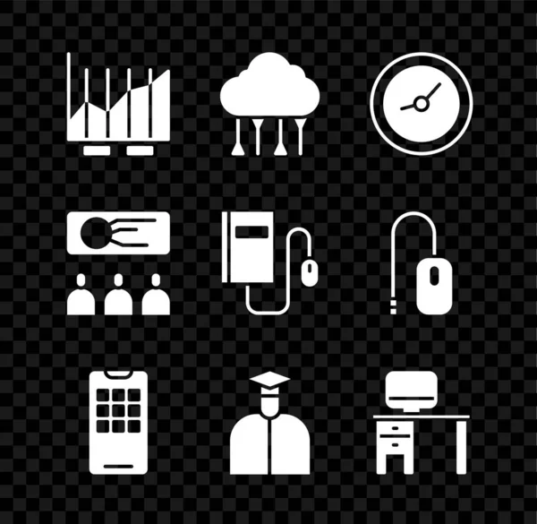 Set Pie Diagramm Infografik, Netzwerk-Cloud-Verbindung, Uhr, Mobiltelefon, Student, Computer-Monitor und Schreibtisch, Schulung, Präsentation und elektronisches Buch mit Maussymbol. Vektor — Stockvektor