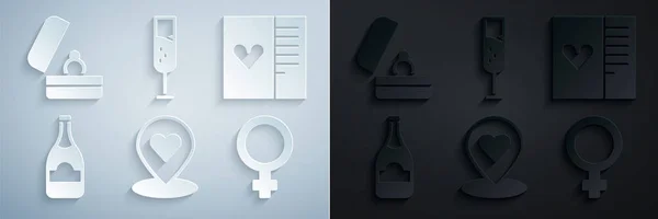 Τοποθεσία με καρδιά, Postcard, μπουκάλι σαμπάνιας, θηλυκό σύμβολο φύλου, ποτήρι σαμπάνια και βέρες εικονίδιο. Διάνυσμα — Διανυσματικό Αρχείο