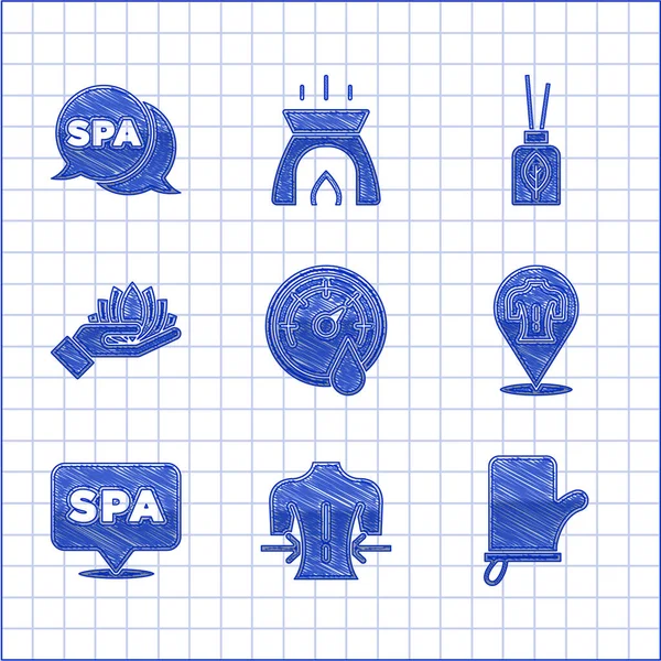 Sauna termometresi, masaj, eldiven, spa salonu, nilüfer çiçeği, Aroma yayıcı ve simge ayarla. Vektör