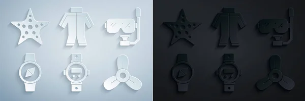 Set Reloj de buceo, máscara y snorkel, brújula, hélice del barco, turbina, traje de neopreno y estrella de mar icono. Vector — Vector de stock